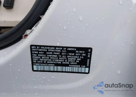 2012 Volkswagen Passat 2.5L Se z USA, uszkodzony, nr VIN 1VWBP7A34CC103833